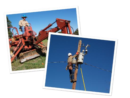images of coop employees working on a pole and a digging machine